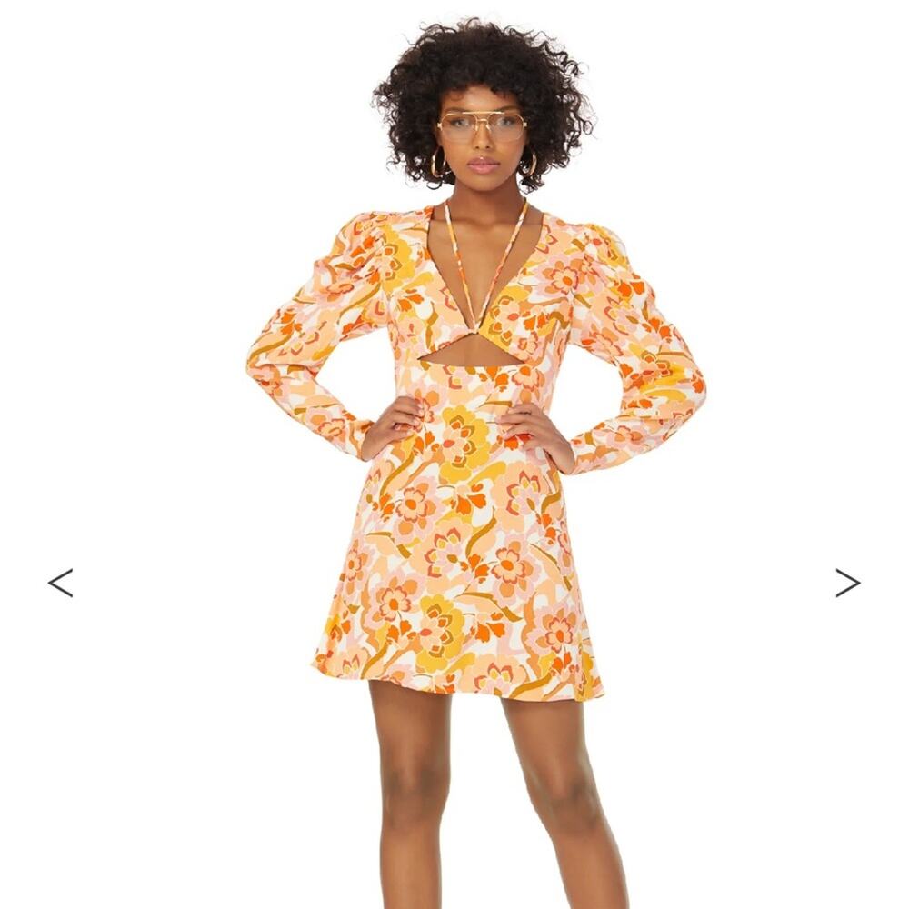 AFRM etienne orange vintage floral keyhole cutout front long sleeve mini dress